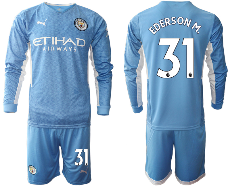 Men 2021-2022 Club Manchester city home Light blue Long Sleeve #31 Soccer Jersey